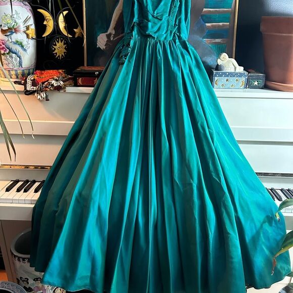 Vintage 50s 60s Stunning Teal iridescent Prom Dress Ball Gown Cocktail XS - Picture 2 of 16